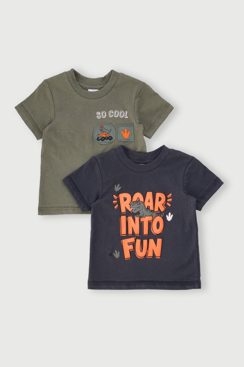 Baby Boys 2 Pack Printed Dino Slogan Tee - Olive