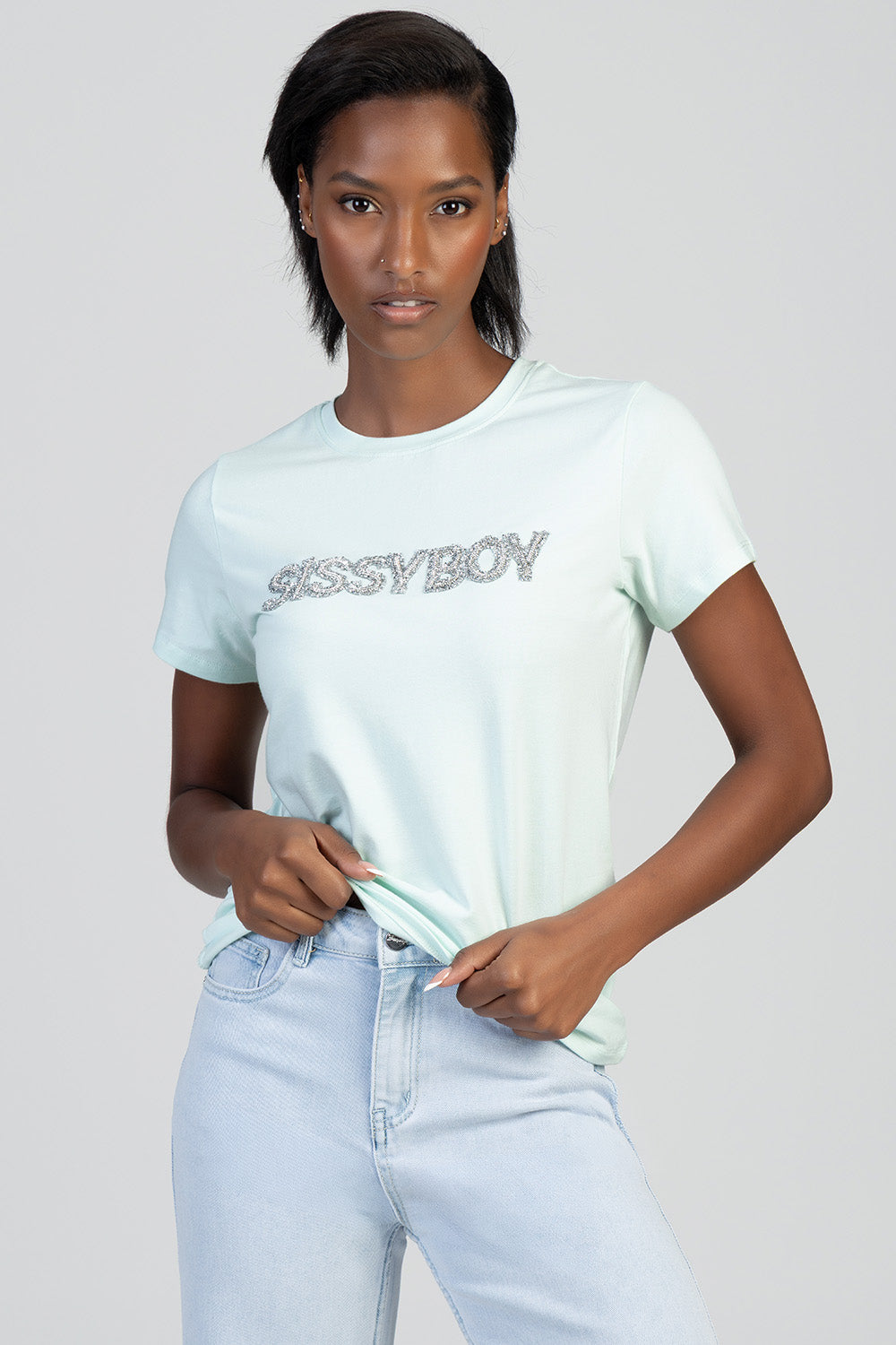 Total Diva Textured Diamante Regular T-Shirt - Mint
