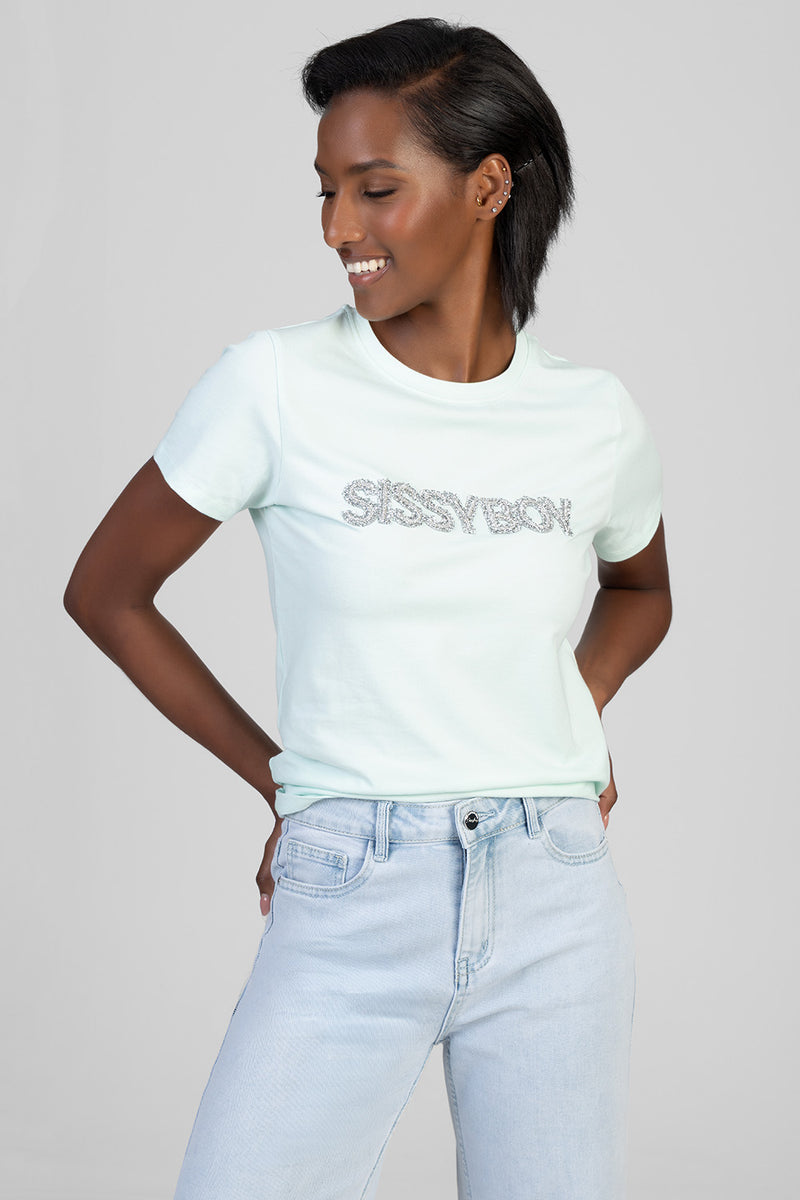 Total Diva Textured Diamante Regular T-Shirt - Mint