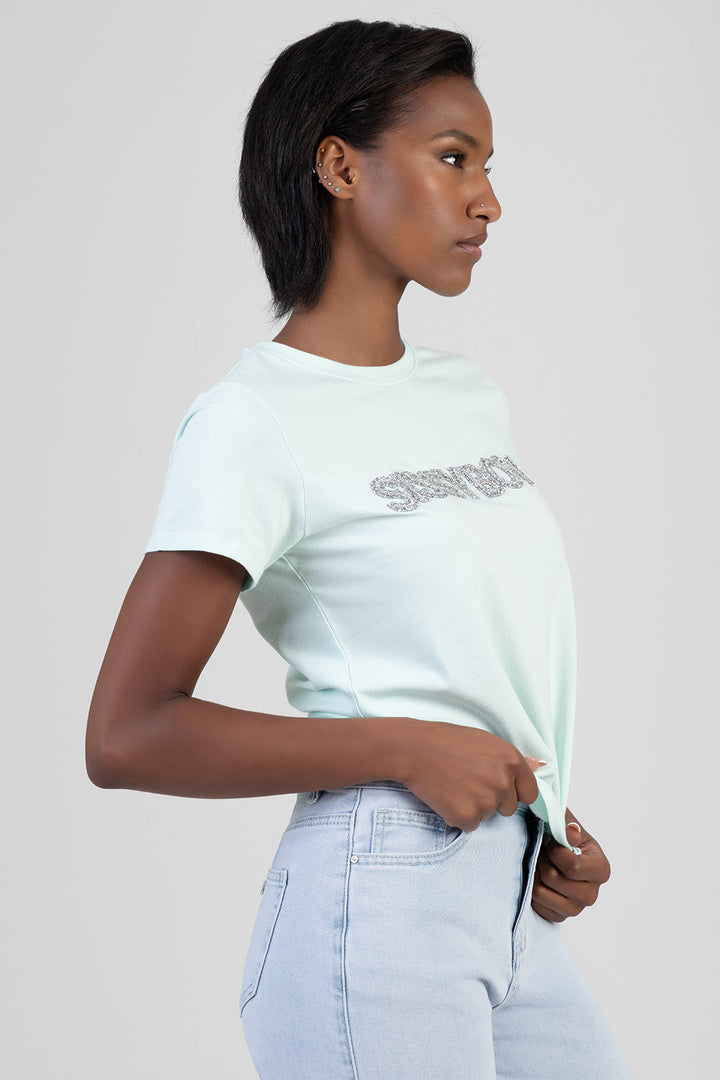 Total Diva Textured Diamante Regular T-Shirt - Mint