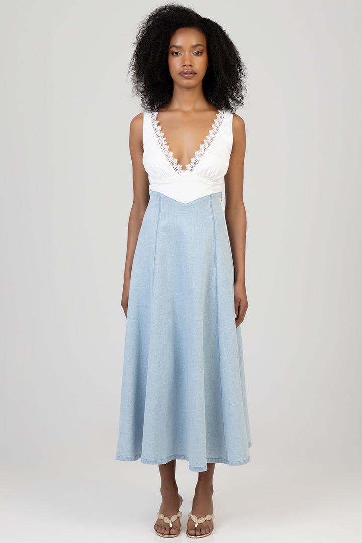 Anglaise Bodice Denim Midi Dress - Light Wash