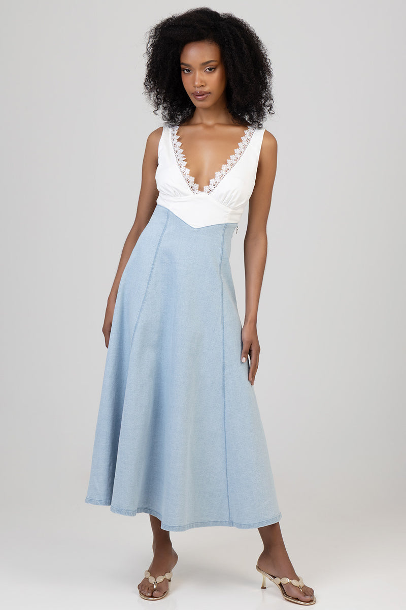 Anglaise Bodice Denim Midi Dress - Light Wash