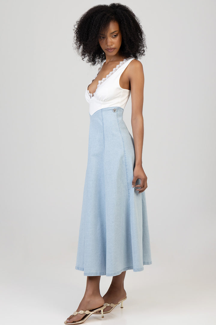 Anglaise Bodice Denim Midi Dress - Light Wash