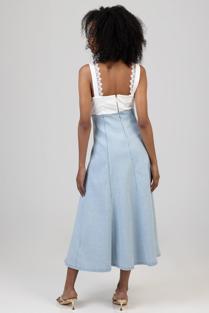Anglaise Bodice Denim Midi Dress - Light Wash