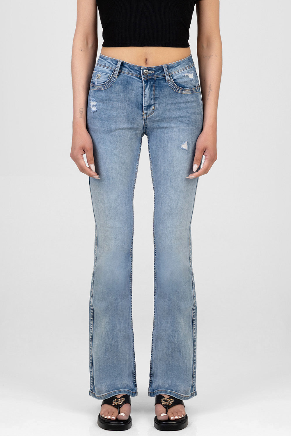 Diamante Wings Mid Waist Boot Leg Denim - Medium Wash
