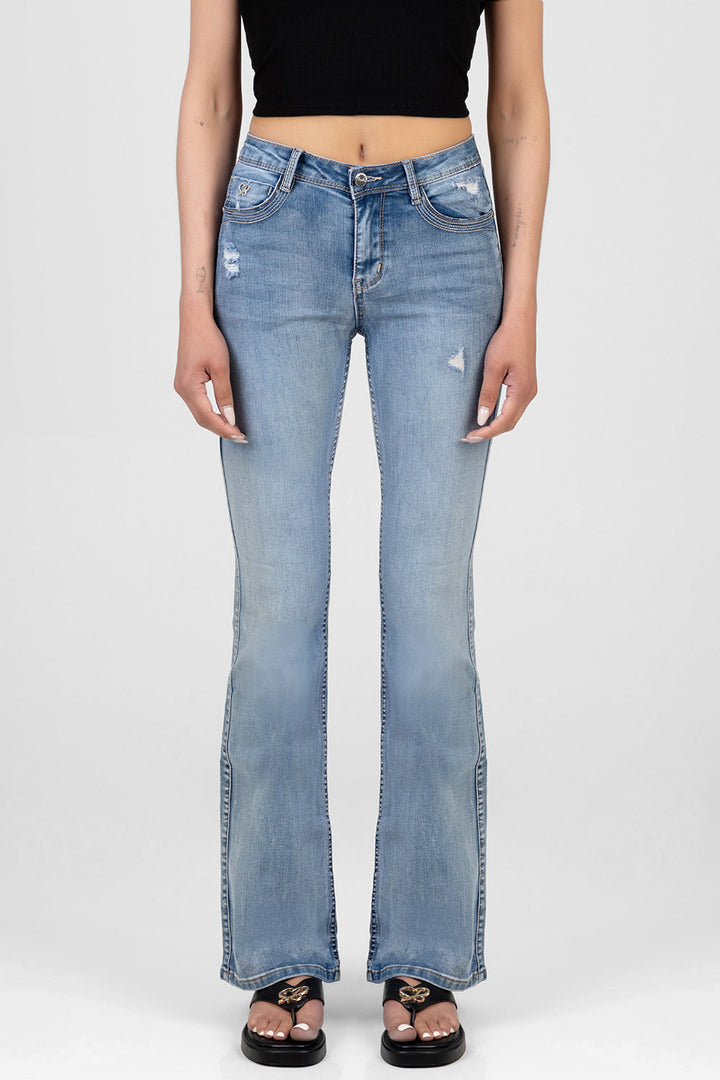 Diamante Wings Mid Waist Boot Leg Denim - Medium Wash