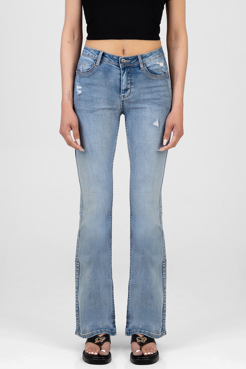 Diamante Wings Mid Waist Boot Leg Denim - Medium Wash