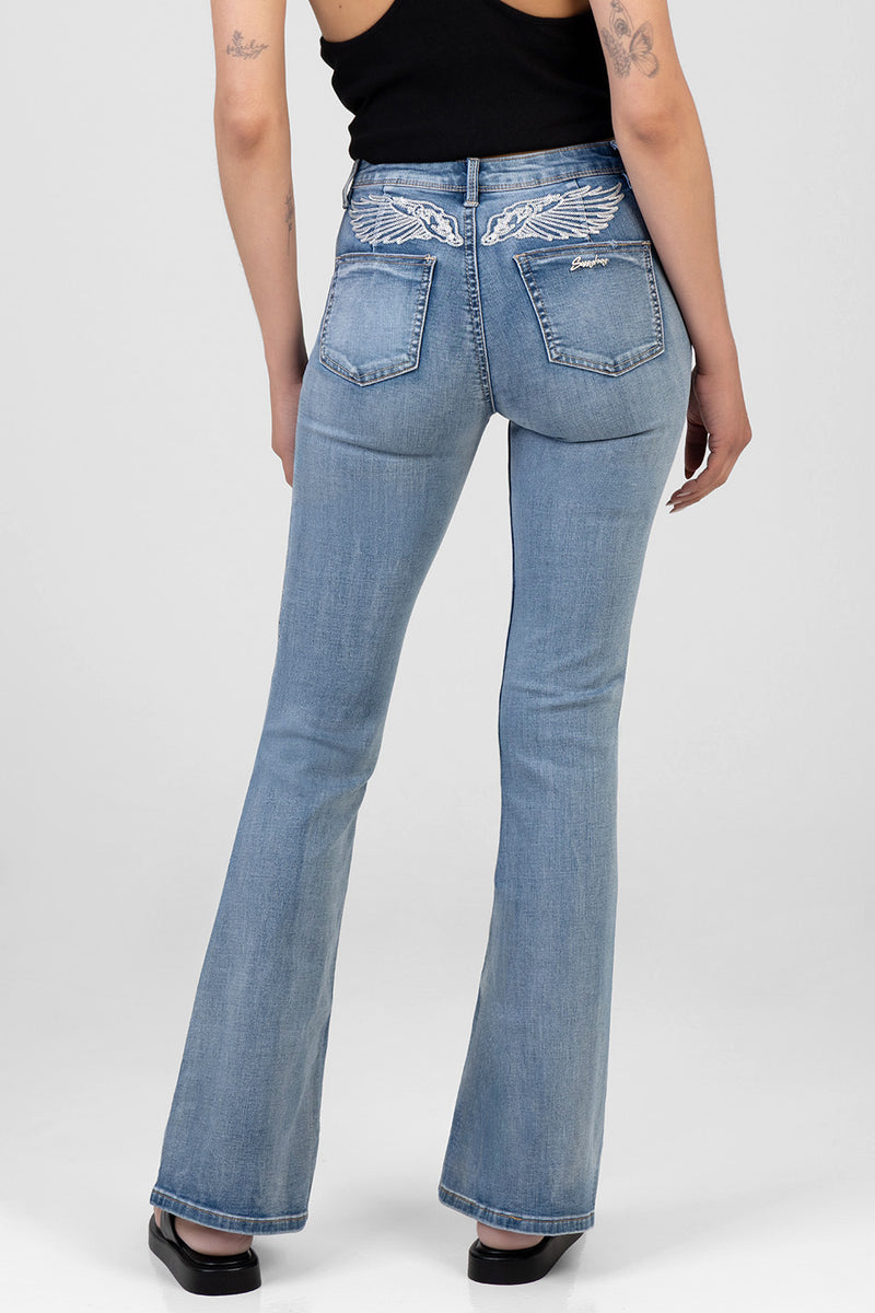 Diamante Wings Mid Waist Boot Leg Denim - Medium Wash