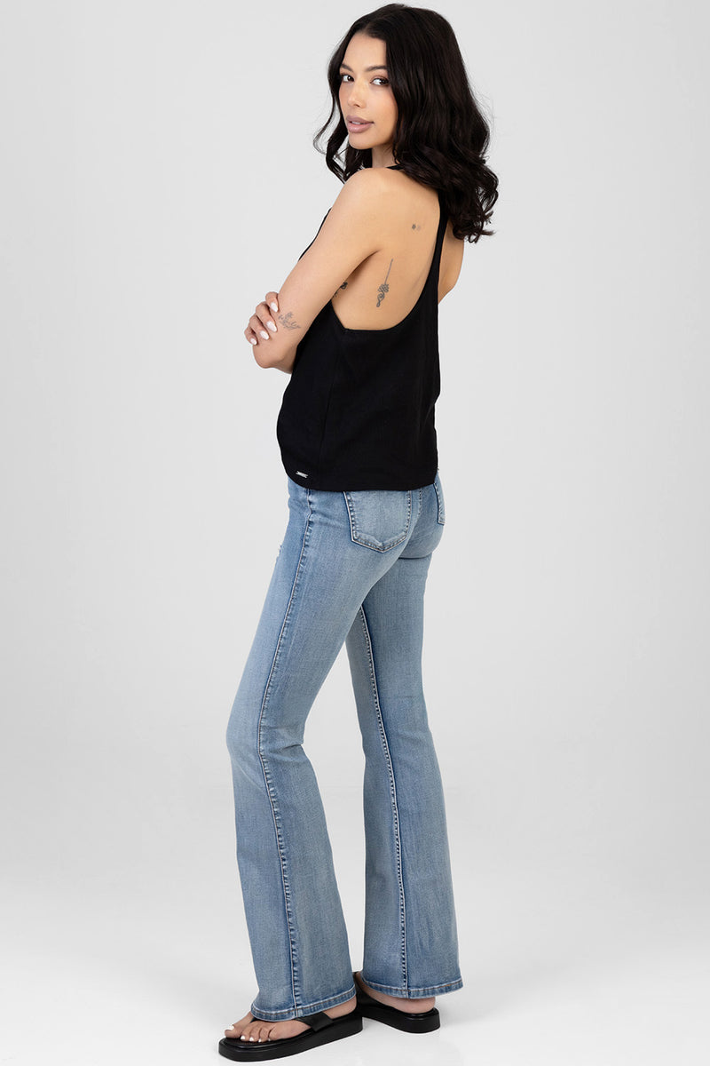 Diamante Wings Mid Waist Boot Leg Denim - Medium Wash