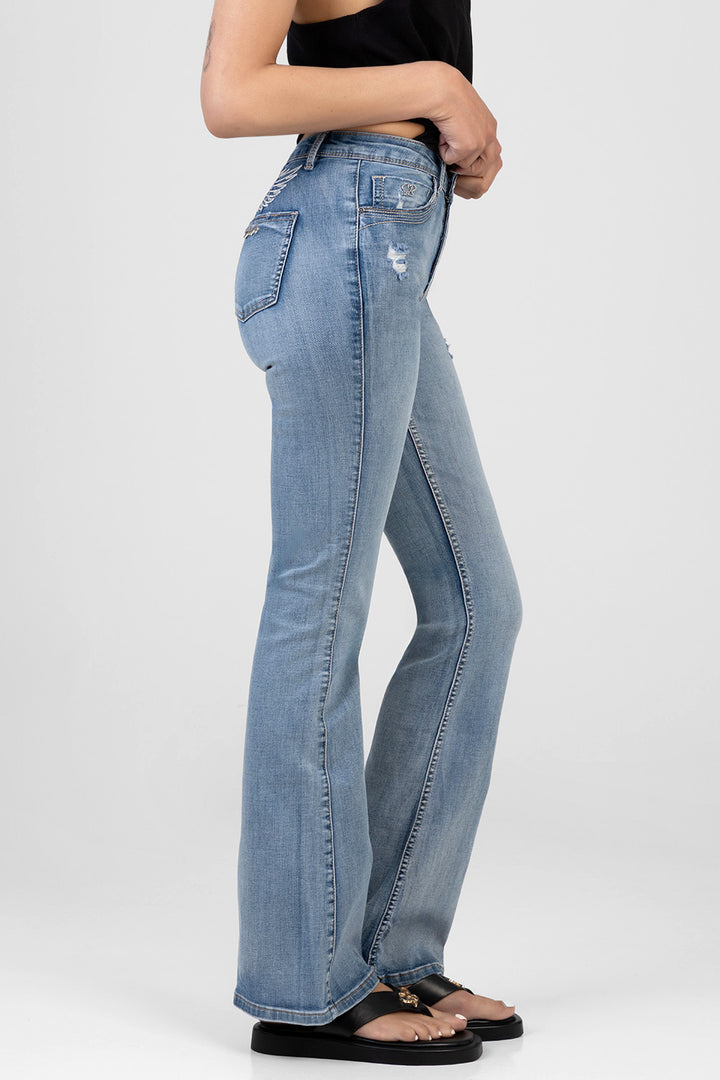 Diamante Wings Mid Waist Boot Leg Denim - Medium Wash
