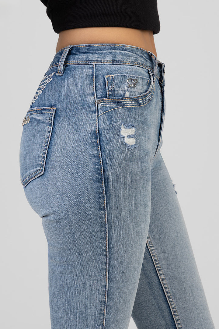 Diamante Wings Mid Waist Boot Leg Denim - Medium Wash
