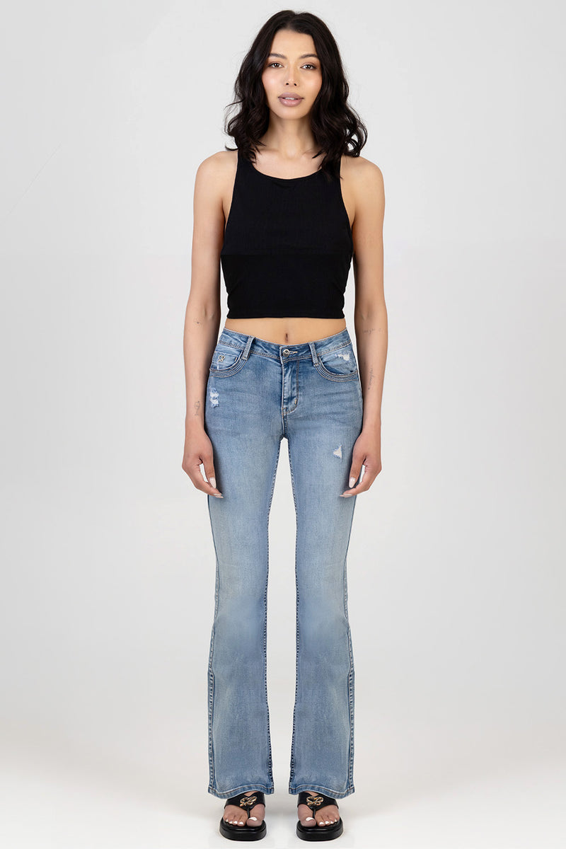 Diamante Wings Mid Waist Boot Leg Denim - Medium Wash