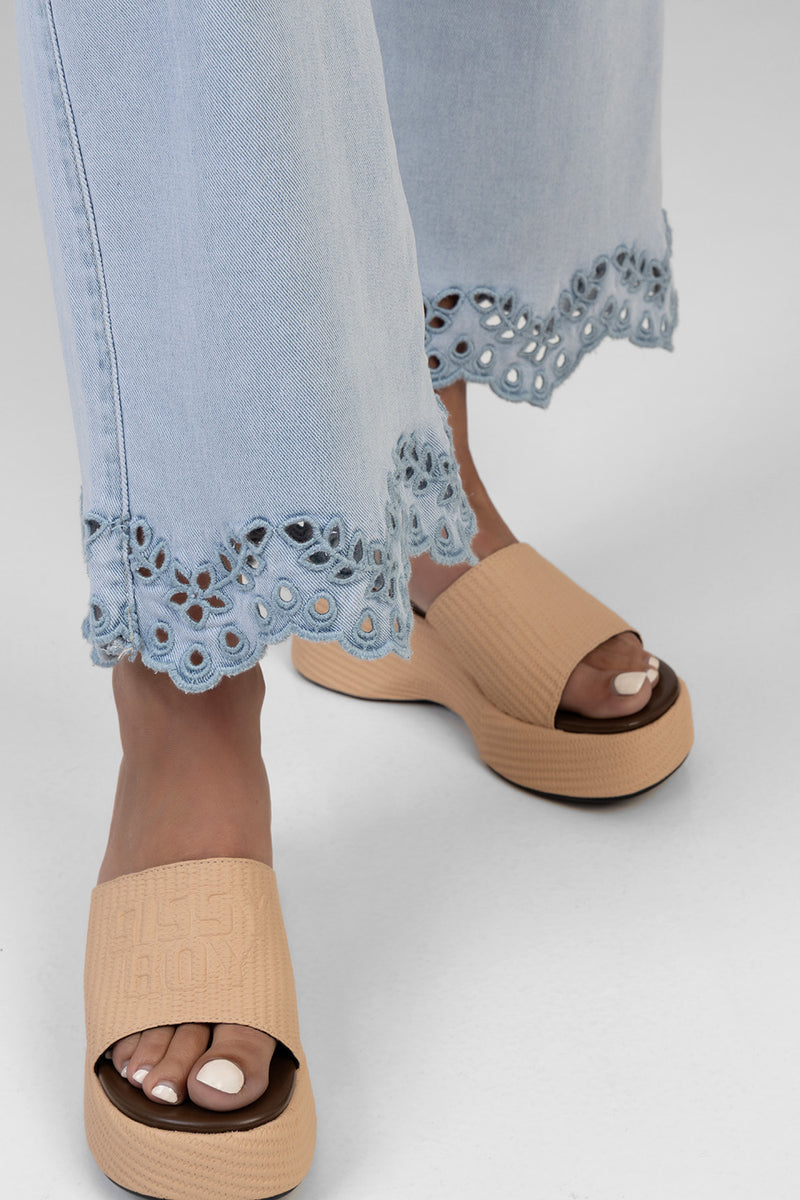 High Waist Anglaise Hem Detail Cropped Wide Leg Denim - Light Wash