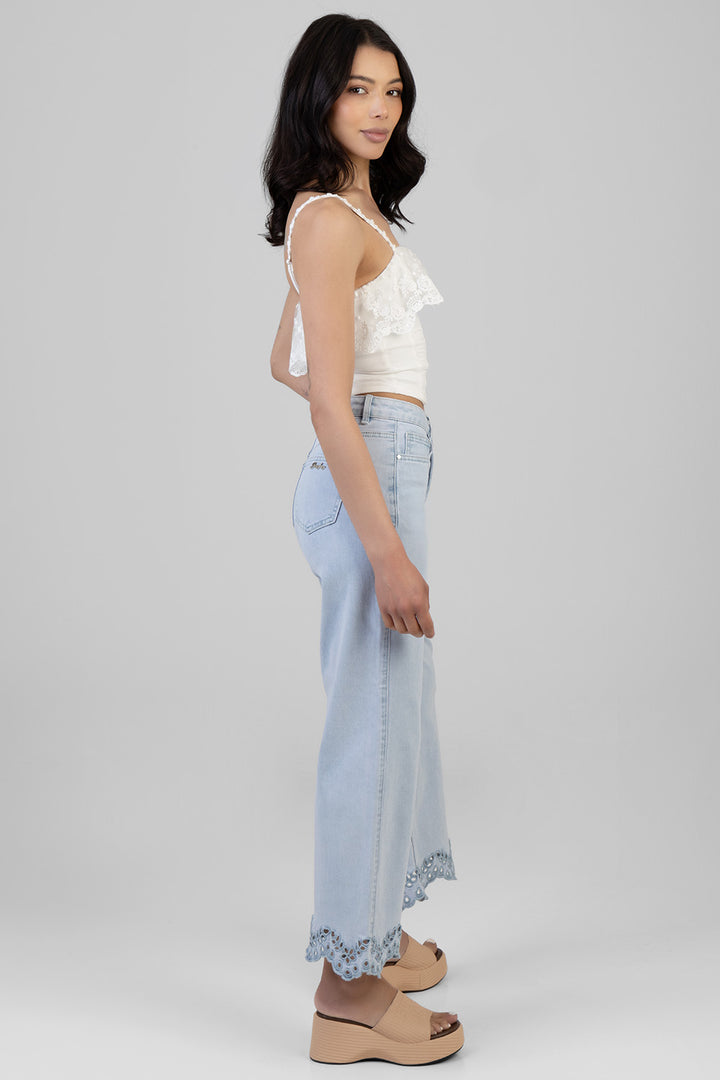 High Waist Anglaise Hem Detail Cropped Wide Leg Denim - Light Wash