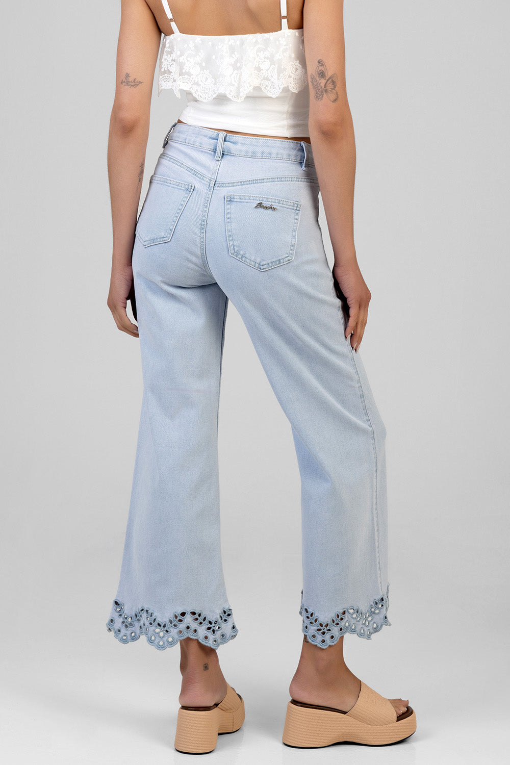 High Waist Anglaise Hem Detail Cropped Wide Leg Denim - Light Wash