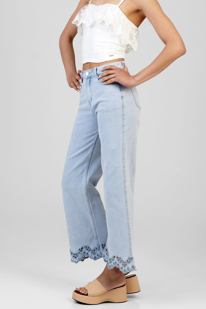 High Waist Anglaise Hem Detail Cropped Wide Leg Denim - Light Wash