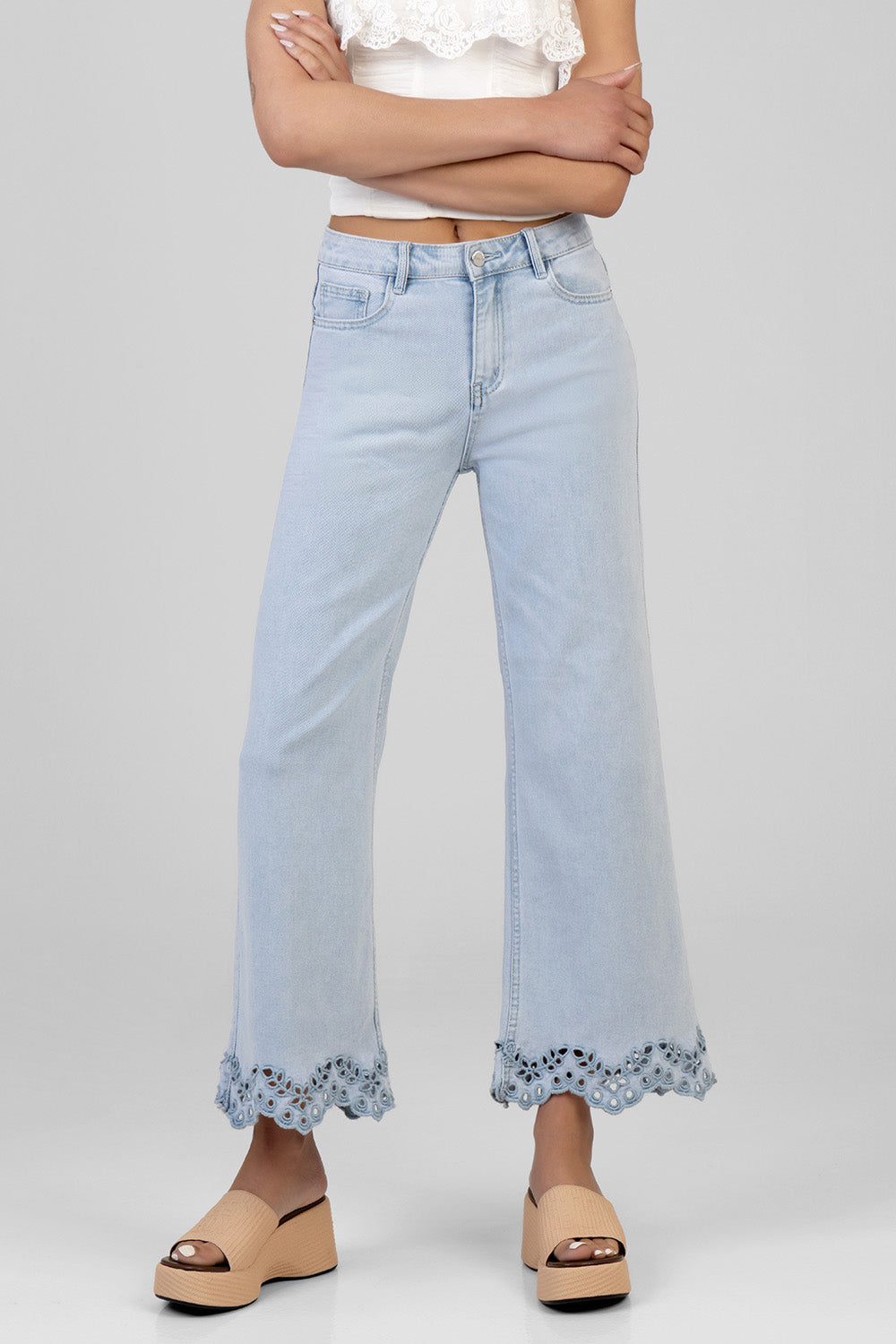 High Waist Anglaise Hem Detail Cropped Wide Leg Denim - Light Wash