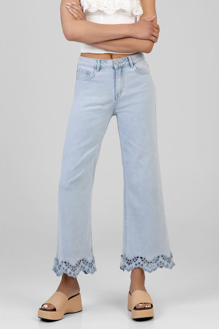 High Waist Anglaise Hem Detail Cropped Wide Leg Denim - Light Wash