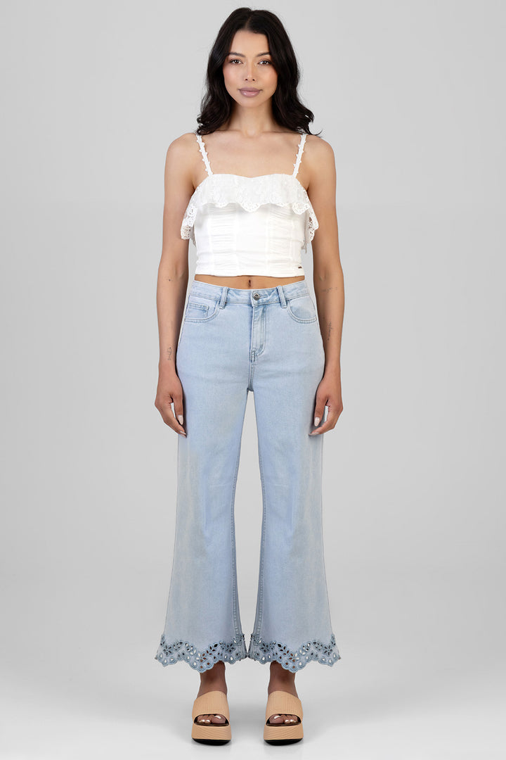 High Waist Anglaise Hem Detail Cropped Wide Leg Denim - Light Wash
