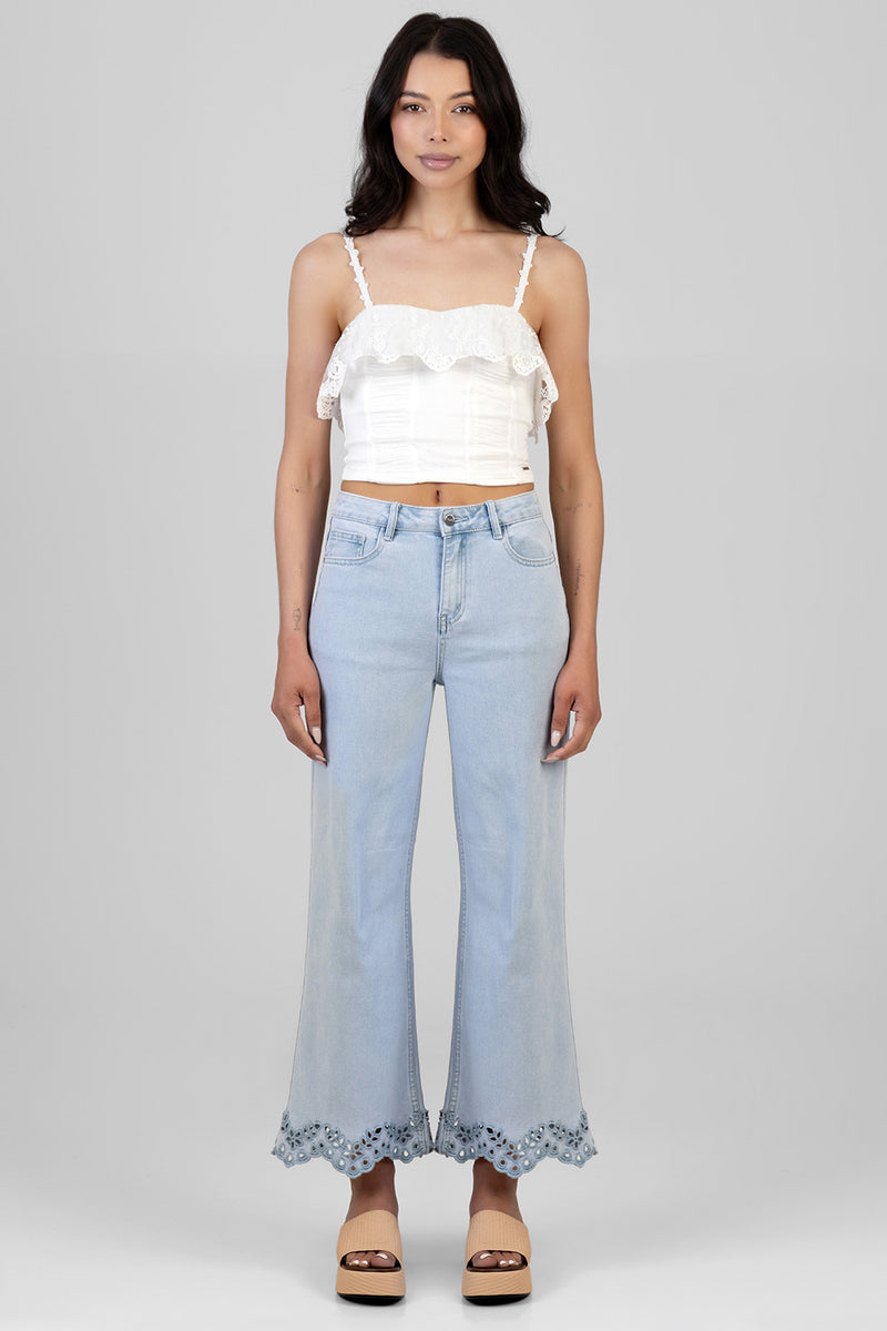 High Waist Anglaise Hem Detail Cropped Wide Leg Denim - Light Wash