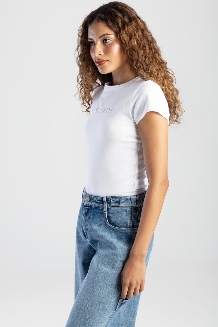 Ela Basic Embroidered Logo Top - White