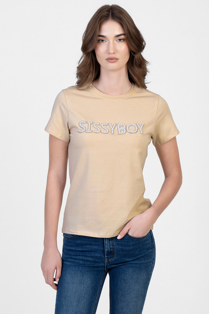 Rumours Regular Fit Pearl & Bling Logo Top - Stone