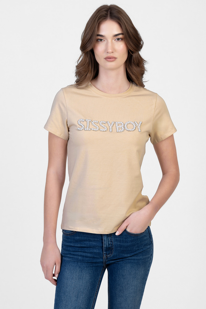 Rumours Regular Fit Pearl & Bling Logo Top - Stone