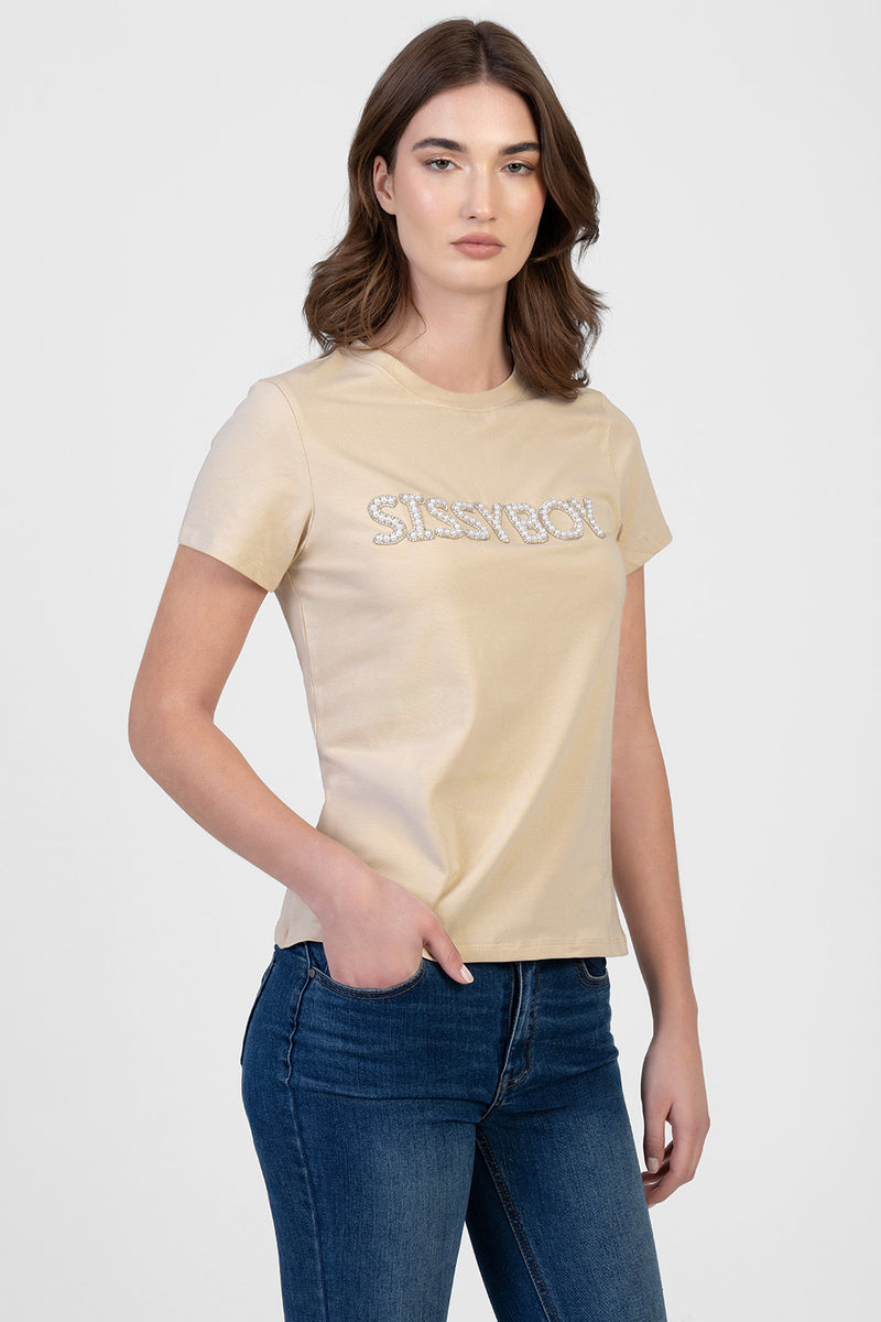 Rumours Regular Fit Pearl & Bling Logo Top - Stone