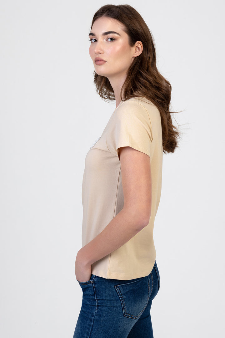Rumours Regular Fit Pearl & Bling Logo Top - Stone