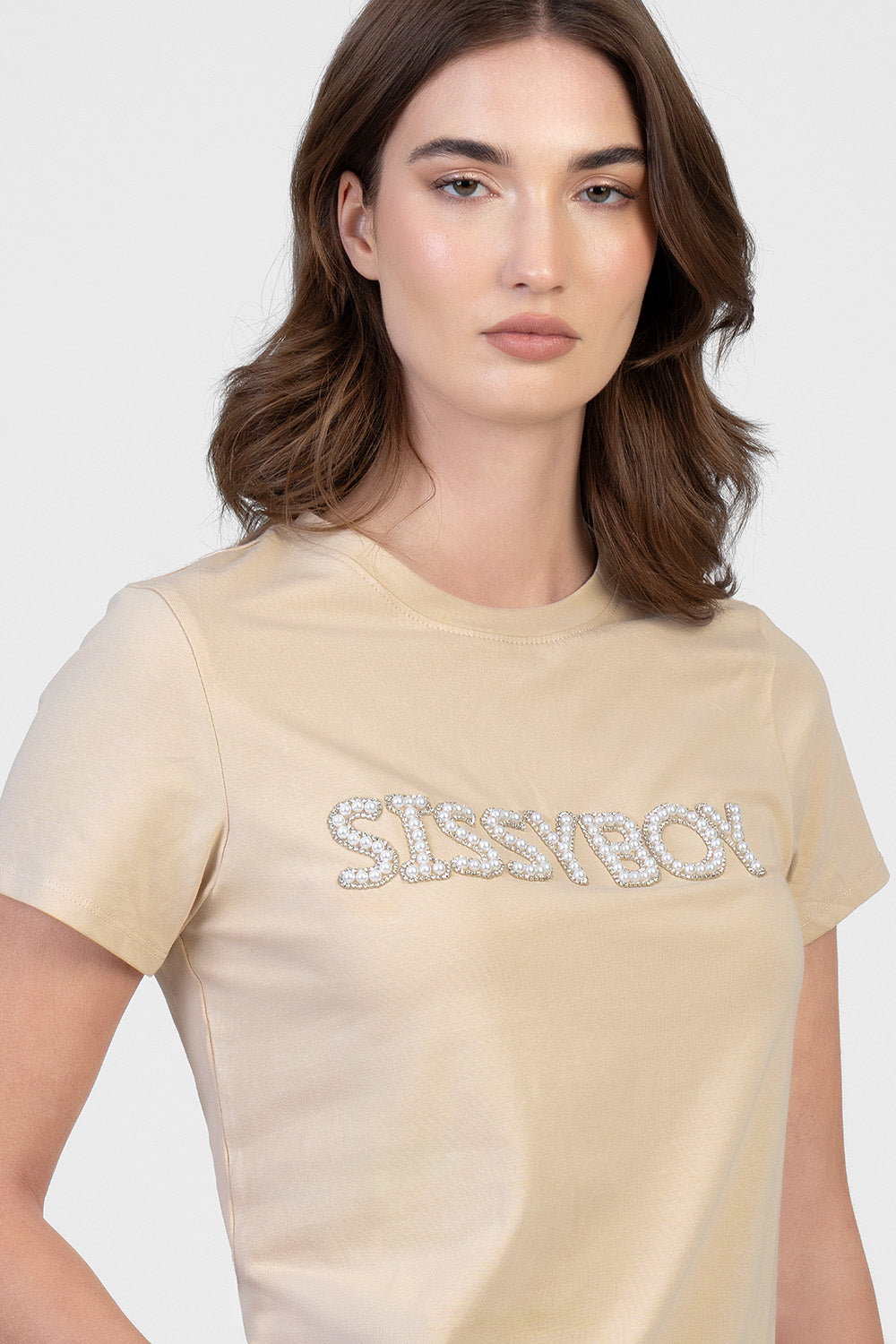 Rumours Regular Fit Pearl & Bling Logo Top - Stone