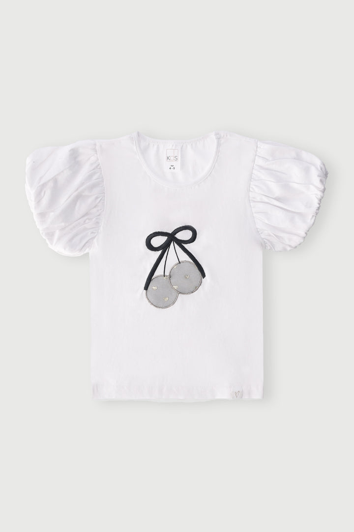 Pre-Girls Bubble Sleeve Sequin Tee - White