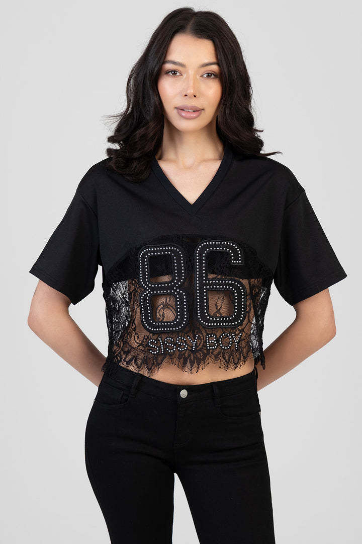 Lace Detail Boxy T-Shirt - Black