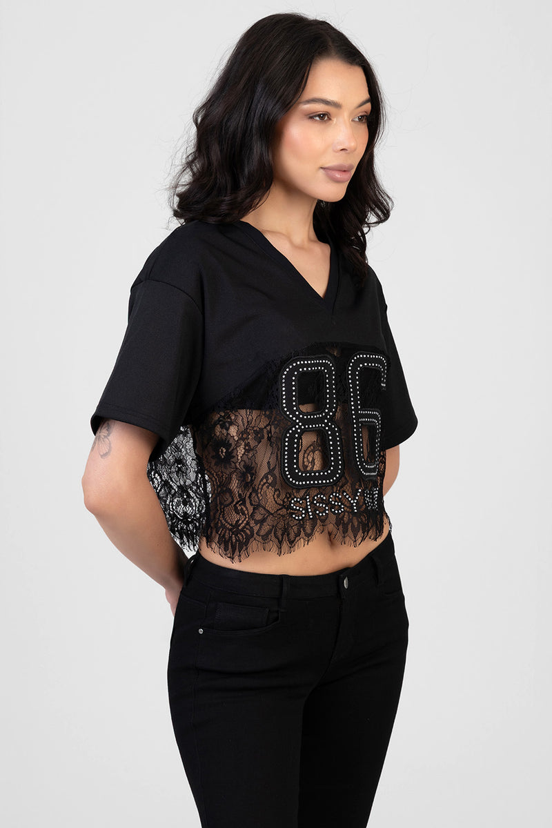Lace Detail Boxy T-Shirt - Black