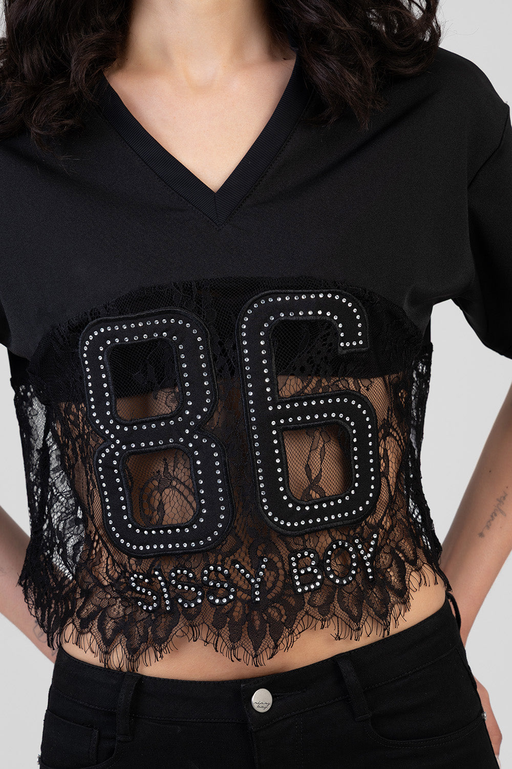 Lace Detail Boxy T-Shirt - Black