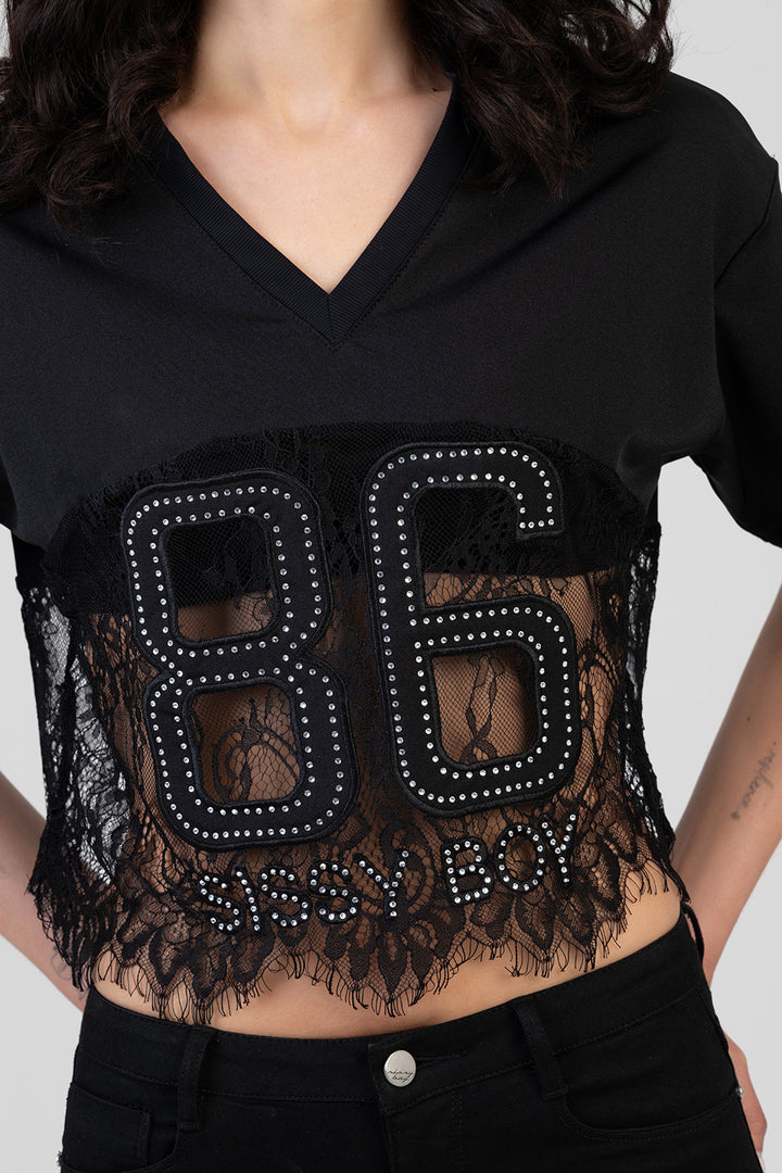 Lace Detail Boxy T-Shirt - Black
