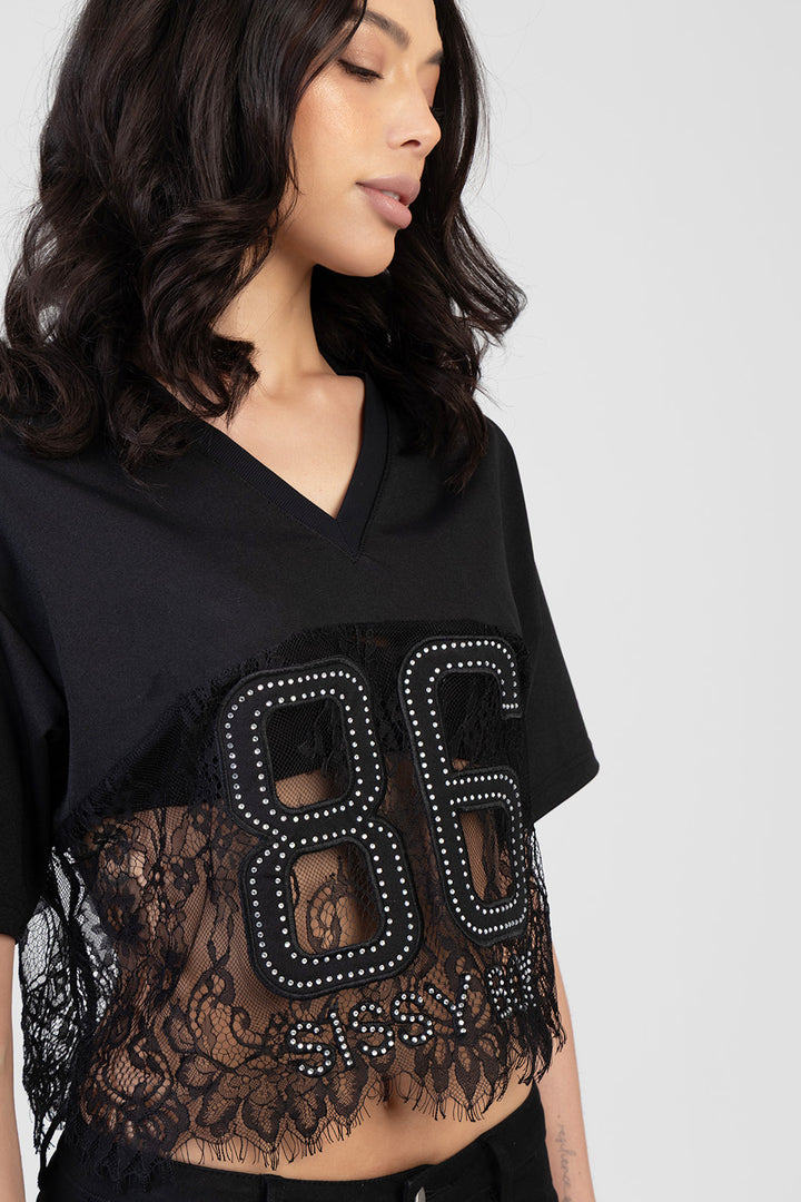 Lace Detail Boxy T-Shirt - Black