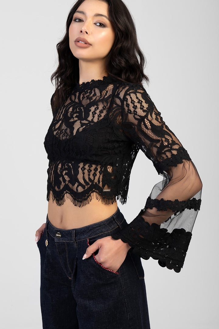 In Your World Long Sleeve Crochet & Lace Top - Black