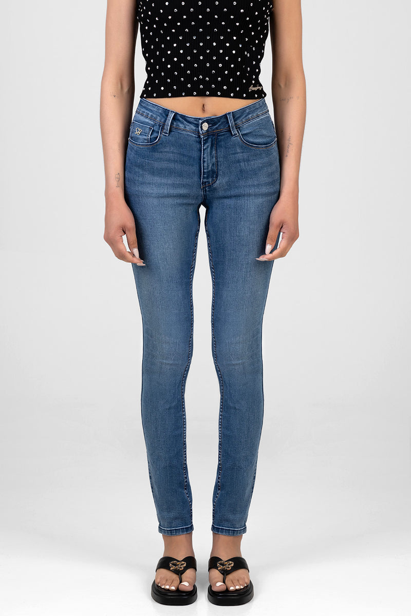 Wing Embroidery Mid Waist Skinny Denim - Medium Wash