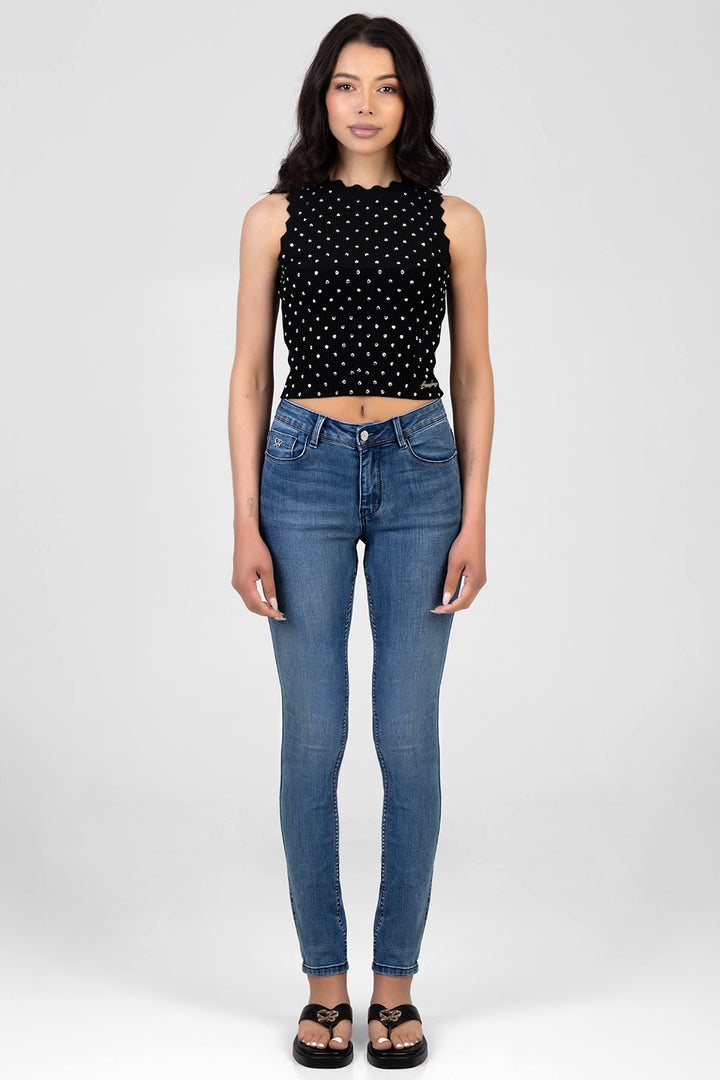 Wing Embroidery Mid Waist Skinny Denim - Medium Wash