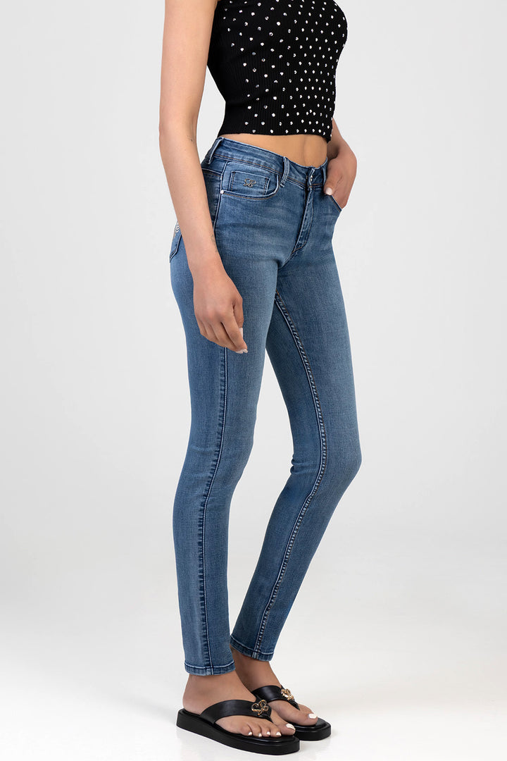 Wing Embroidery Mid Waist Skinny Denim - Medium Wash