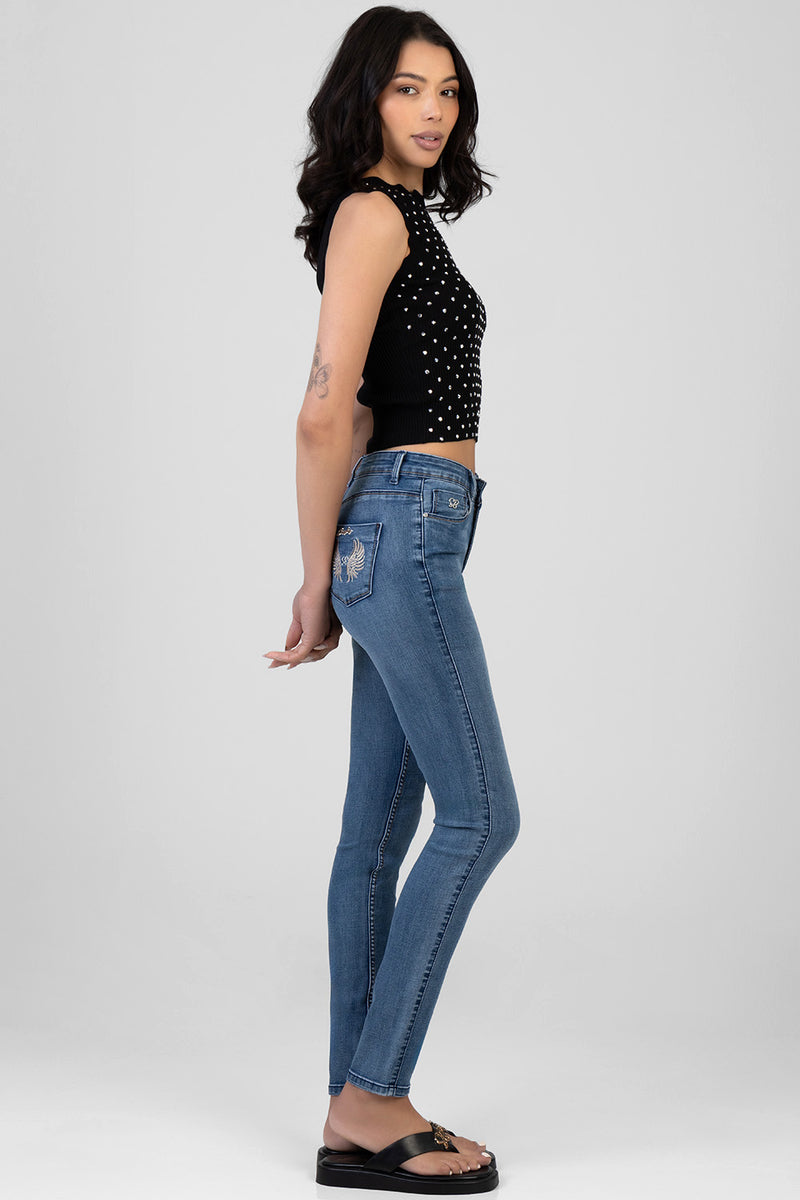 Wing Embroidery Mid Waist Skinny Denim - Medium Wash