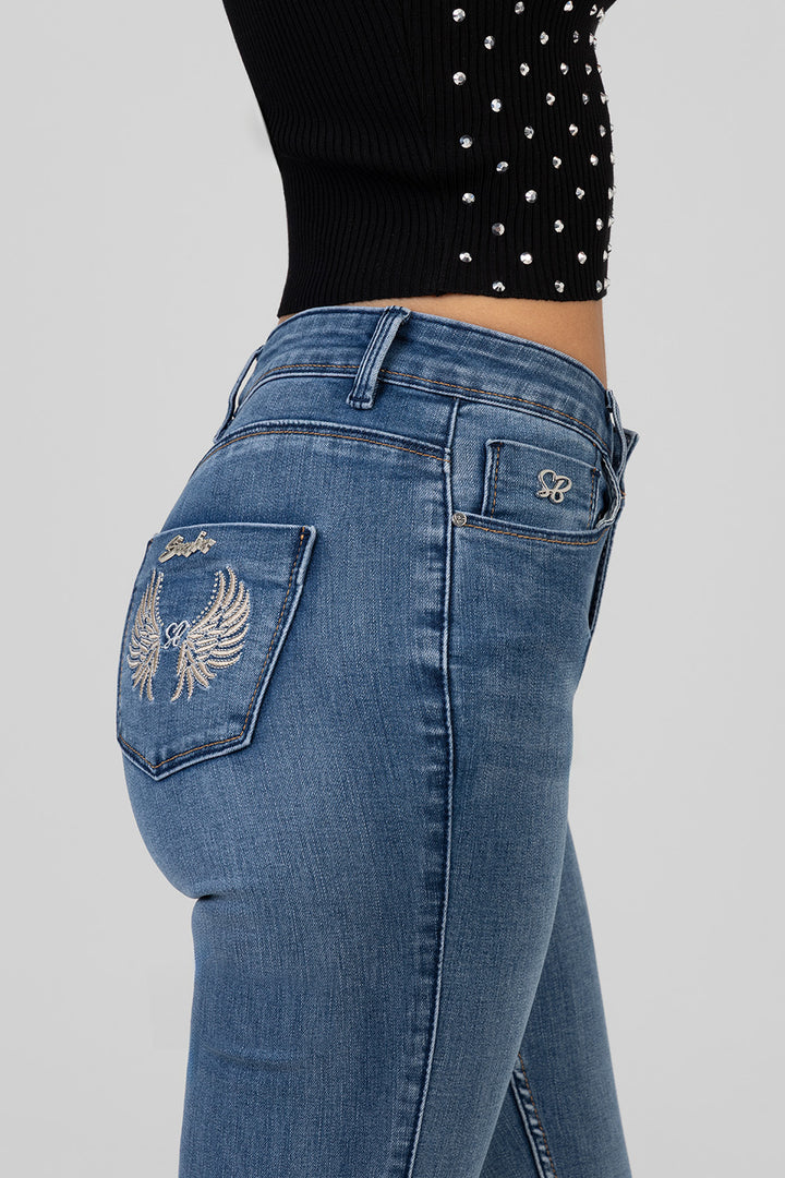 Wing Embroidery Mid Waist Skinny Denim - Medium Wash