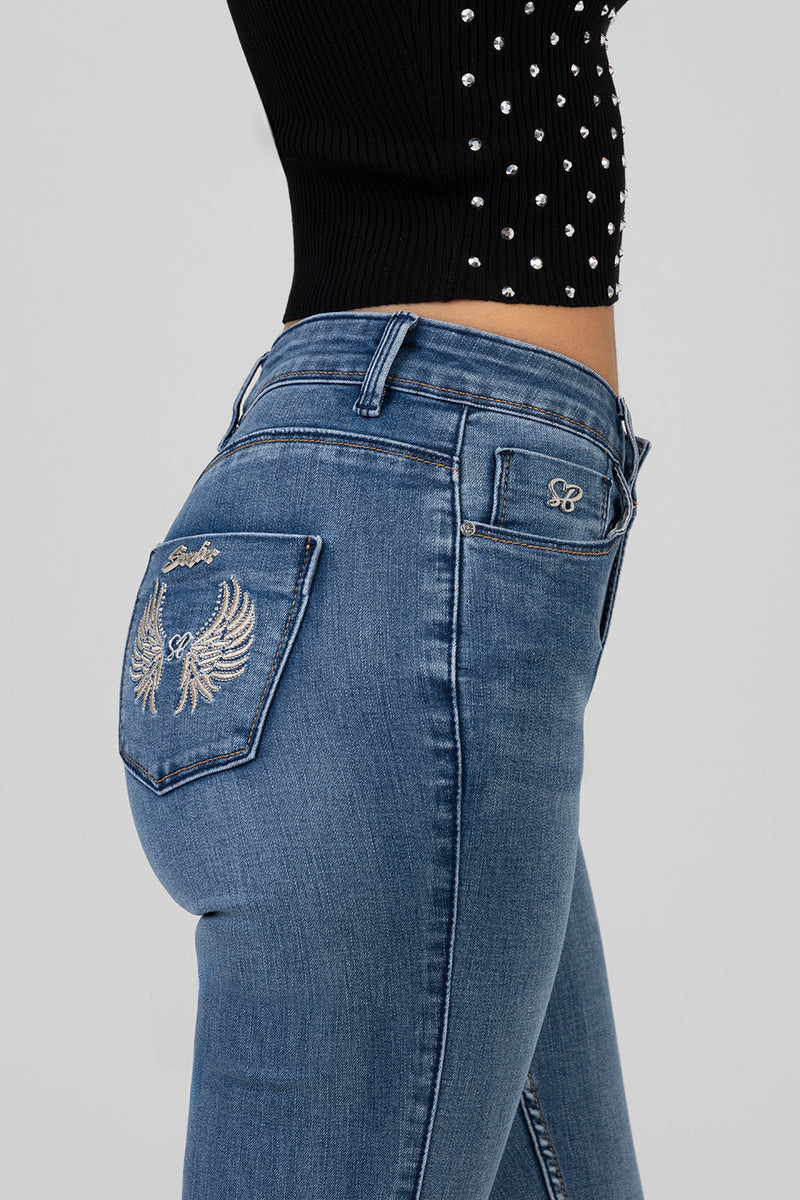 Wing Embroidery Mid Waist Skinny Denim - Medium Wash