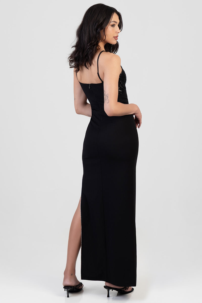 Maxi Dress With Underbust Cutline & Open Back Detail - Black