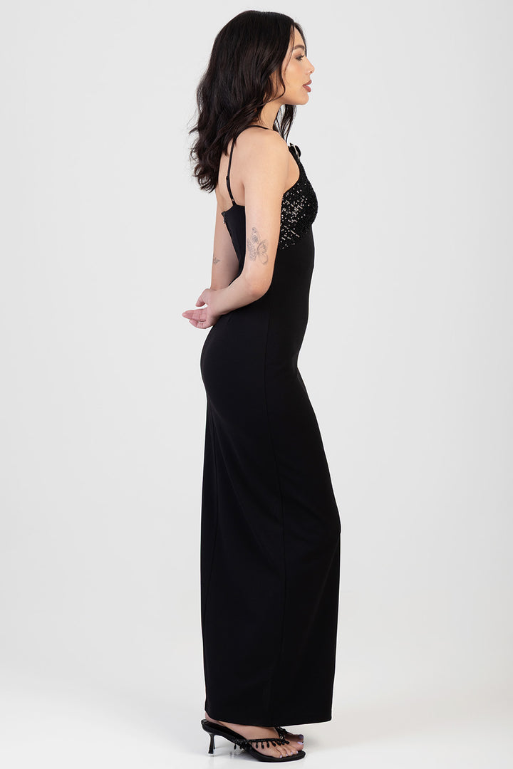 Maxi Dress With Underbust Cutline & Open Back Detail - Black