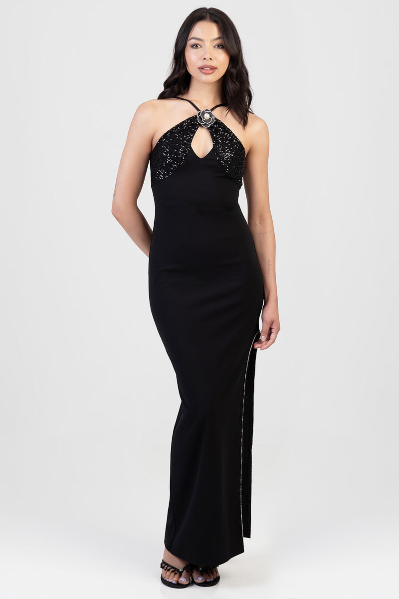 Maxi Dress With Underbust Cutline & Open Back Detail - Black
