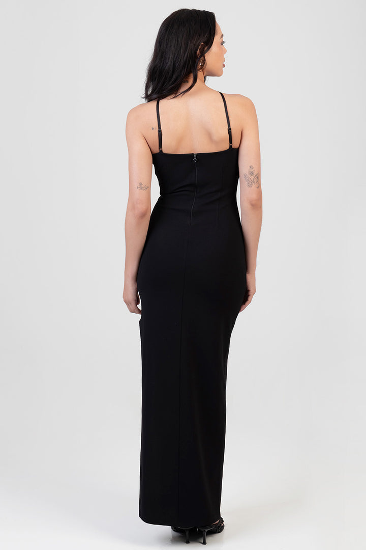 Maxi Dress With Underbust Cutline & Open Back Detail - Black