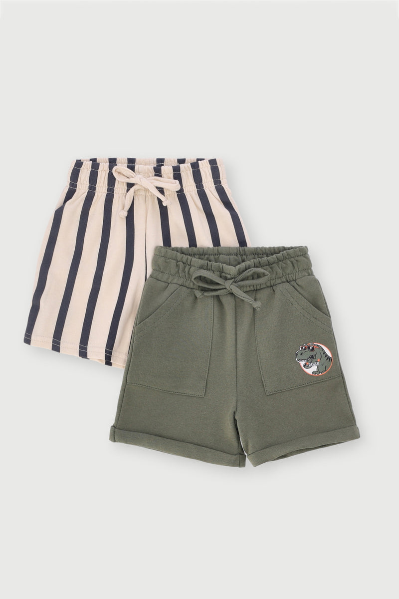 Baby Boys 2 Pack Printed Dino & Slogan Knit Short - Olive