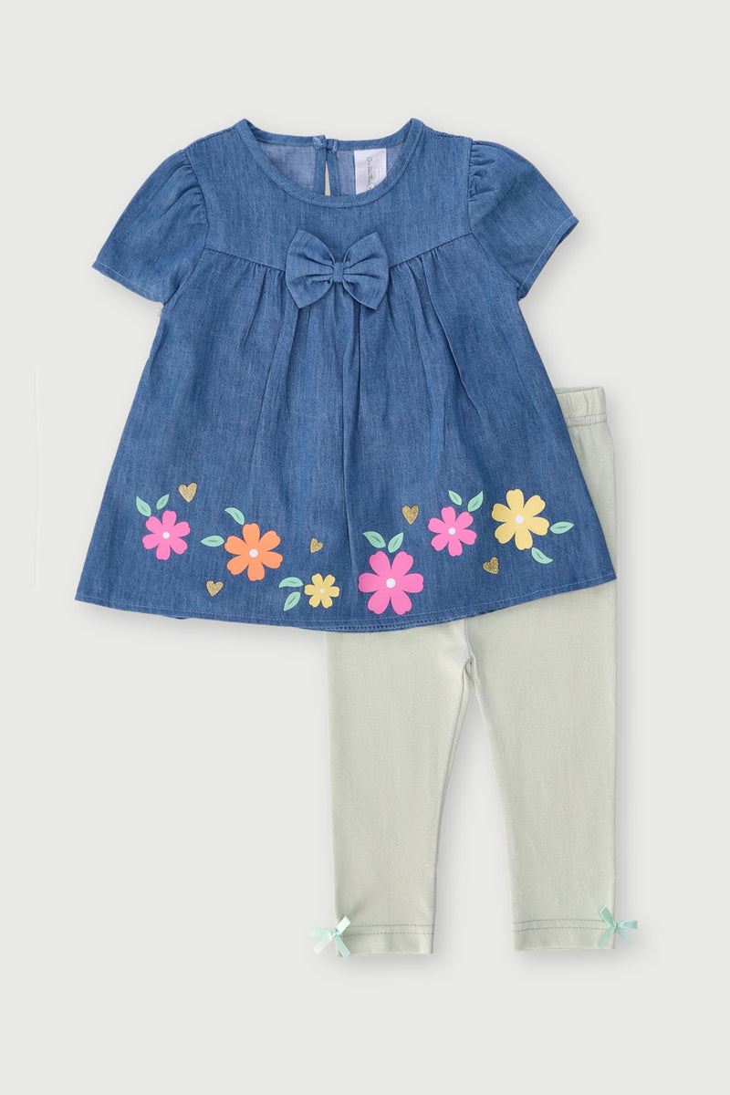 Baby Girls Bow & Flower Denim Tunic Set - Multi