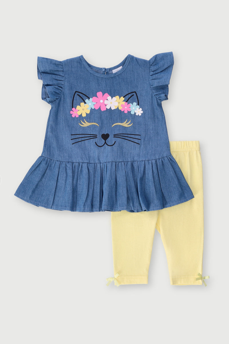 Baby Girls Cat Denim Tunic Set - Multi